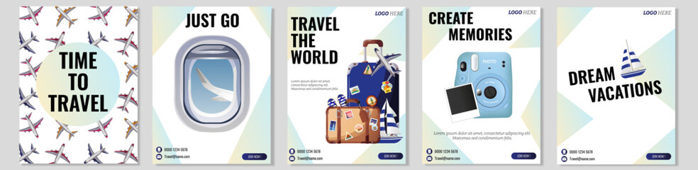 Travel the world travel media post and web banner template design, blue accent. Set of web banner, flyer or poster for tourism company, offer promotion.	