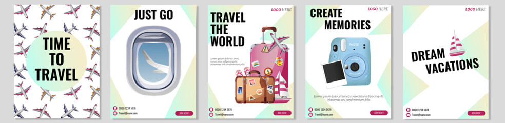Travel the world travel media post and web banner template design. Big set of web banner, flyer or poster for tourism company, offer promotion.	
