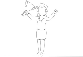 A woman lifts a big trophy. Employee appreciation one line drawing