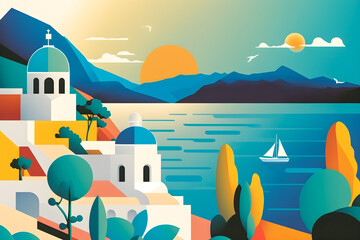 Greece landscape, flat design illustration, traditional, traditional Greek colors, Generative AI