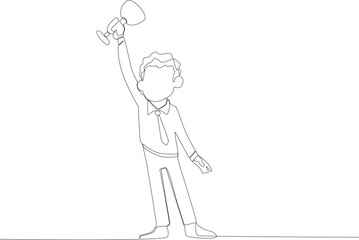 A man satisfied with the trophy he received. Employee appreciation one line drawing