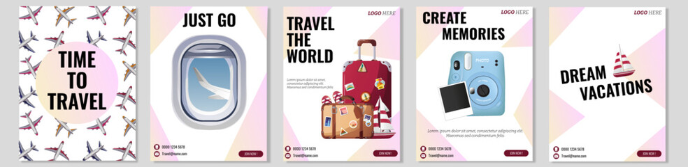Travel the world social media post and web banner template design. Set of web banner, flyer or poster for travel, tourism company, offer promotion.	
