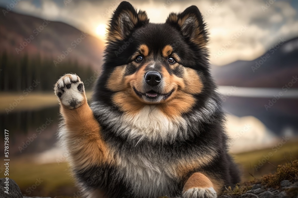 Canvas Prints An outdoor portrait of a purebred Finnish Lapphund dog sitting and waving his paw at the camera. Generative AI