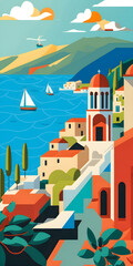 Fototapeta na wymiar Greece landscape, flat design illustration, traditional, traditional Greek colors, Generative AI