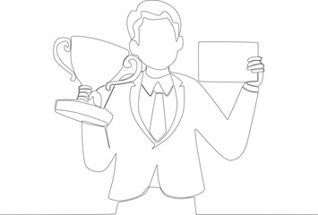 A man holding a trophy and a certificate. Employee appreciation one line drawing