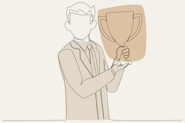 Colored design of a man holding a trophy. Employee appreciation one line drawing