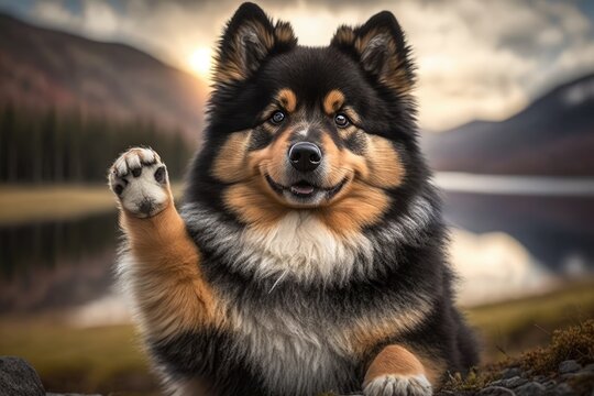 An outdoor portrait of a purebred Finnish Lapphund dog sitting and waving his paw at the camera. Generative AI