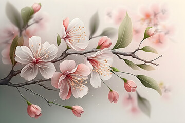 Symbol of spring. Illustration of wild sakura branch in blossom on a light blurred background. Painted pink spring flowers for design, invitation, spring banner, macro. Generative AI