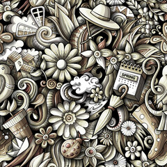Cartoon cute doodles hand drawn Spring seamless pattern.