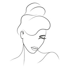 Beautiful woman line art vector illustration. Messy hair bun. Princess. Black and white. White background. Line drawing. 
