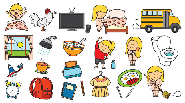 kids drawing set of The daily routine of cute girl going to school on a white background Isolated vector icon in doodle style