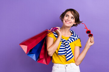 Photo of cheerful glad lovely lady wear trendy striped tied shoulders pullover look up empty space...