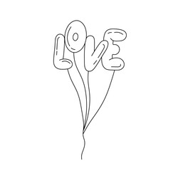 Vector isolated word LOVE balloons with threads letters  colorless black and white contour line easy drawing