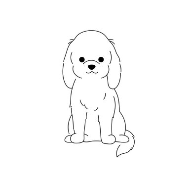 Vector isolated one single cute cartoon sitting spaniel puppy dog front view colorless black and white contour line easy drawing