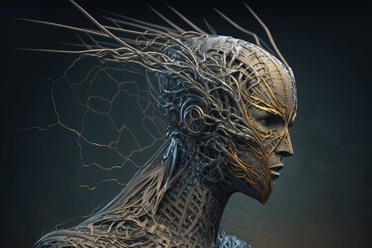 profile of a strange extraterrestrial guardian head made of wires. Generative AI