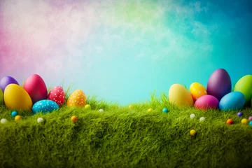 Fotobehang Colorful Easter eggs background. 3d Easter banner. Concept of Easter egg hunt or egg decorating art. Generative AI © waichi2013th