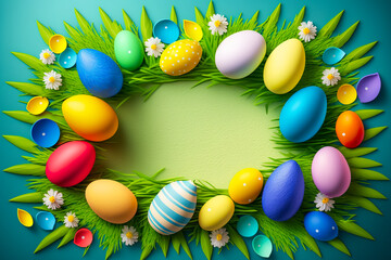 Colorful Easter eggs background. 3d Easter banner. Concept of Easter egg hunt or egg decorating art. Generative AI