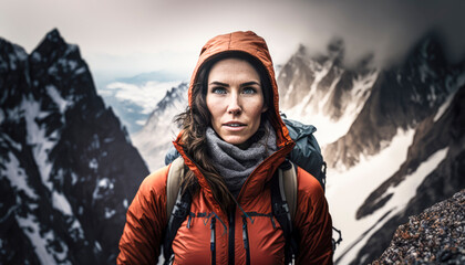 Fototapeta na wymiar Female hiker bundled in warm clothing and backpacks trudge through a snowy mountain trail, their faces and hair whipped by strong gusts of icy wind