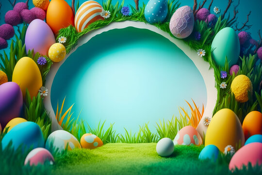 Colorful Easter eggs background. 3d Easter banner. Concept of Easter egg hunt or egg decorating art. Generative AI