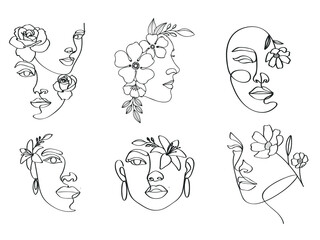 Females head flowers beauty salon line artwork collection