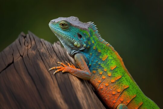 Relaxing in a wooden pole, this common green forest lizard proudly displays its gradient saturated, vividly colored skin and orange head. Generative AI