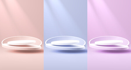 Stage podium with lighting, Stage Podium Scene with for Award, Decor element background, color set. Vector