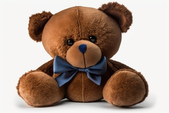 Cute baby's stuffed brown teddy bear toy, upside down on white backdrop, with small black plastic eyes and dark blue satin bow tie. Generative AI