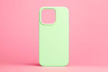 light green case for iPhone 14 and 13 Pro max isolated on pink background, phone cover mock up