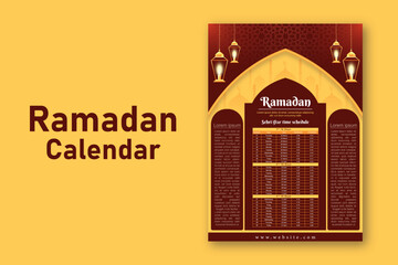 Ramadan Kareem Islamic calendar template and sehri ifter time schedule