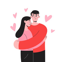 Romantic concept. Man and woman hugging. Love couple. Happy man and woman falling in love. Shapes of hearts on the background. Vector cartoon flat illustration. Isolated on white background.