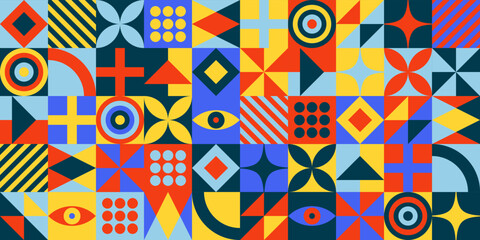 Neo geo bauhaus style abstract seamless pattern background made with simple geometric shapes in vivid colors. 60s, 70s, 80s, 90s, retro, vintage, memphis, contemporary, modern, minimalist, stylish.