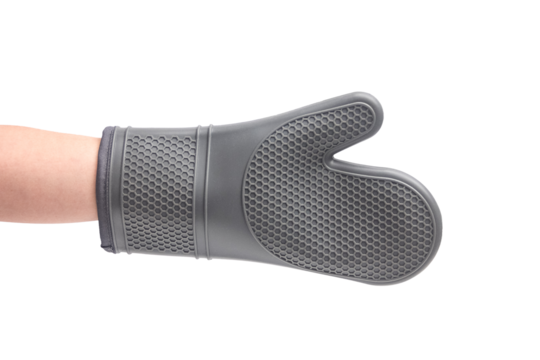 Guante de silicona para horno gris con textura puesto en mano humana imagen png ideal para que lo integres en cualquier fondo de color o fotografía
