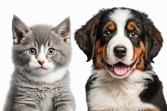 Smiling animal companions. On a white background, a cute Bernese Mountain Dog puppy with a gray tabby cat. Create a banner. Generative AI