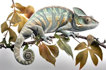 On the white background, a chameleon, a reptile, and a branch. Generative AI
