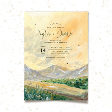 wedding invitation with mountain view landscape