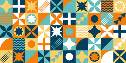 Neo geo bauhaus style abstract seamless pattern background made with simple geometric shapes in vivid colors. 60s, 70s, 80s, 90s, retro, vintage, memphis, contemporary, modern, minimalist, stylish.