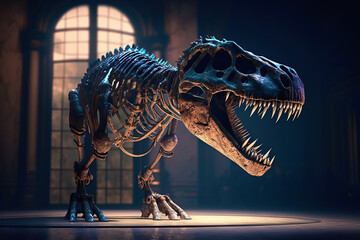 T-Rex Dinosaur skeleton displayed at a nighttime paleontology museum with volumetric lights, Generative AI - obrazy, fototapety, plakaty