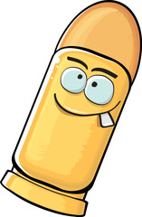 Bullet character. Cartoon funny orange bullet character isolated on white background. Funky bullet character with eyes and mouth. Vector gun shot clip art, emoji, label and sticker