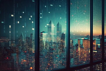 Fototapeta na wymiar Window reflecting cityscape and stock market data. Generative AI