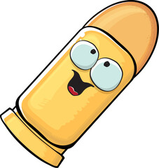 Bullet character. Cartoon funny orange bullet character isolated on white background. Funky bullet character with eyes and mouth. Vector gun shot clip art, emoji, label and sticker