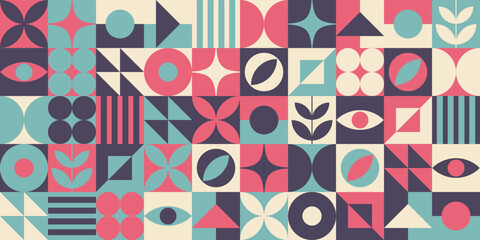 Neo geo bauhaus style abstract seamless pattern background made with simple geometric shapes in vivid colors. 60s, 70s, 80s, 90s, retro, vintage, memphis, contemporary, modern, minimalist, stylish.
