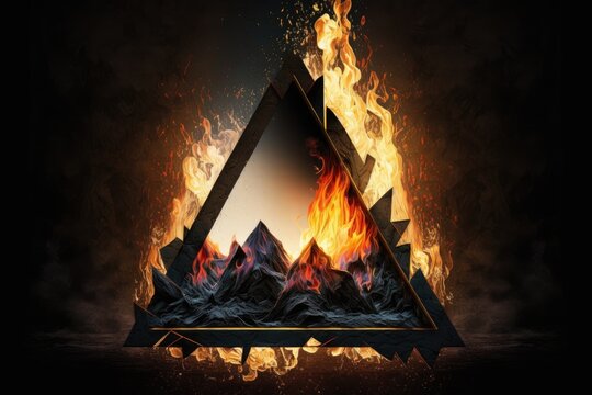 an abstract scene of a black triangle frame engulfed in flames. Generative AI