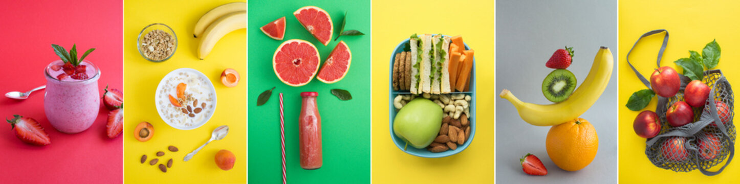 Collage of photos of healthy food. Milk yogurt with strawberry, grapefruit smoothie, granola breakfast, lunch box, balance fruits and apples on the colored background.