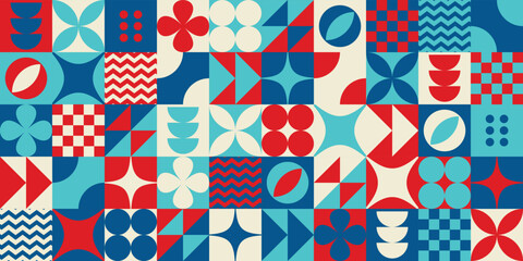 Neo geo bauhaus style abstract seamless pattern background made with simple geometric shapes in vivid colors. 60s, 70s, 80s, 90s, retro, vintage, memphis, contemporary, modern, minimalist, stylish.