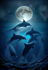 A flock of dolphins swims in the sea under the moonlight. AI generated