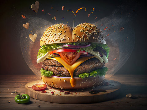 Generative AI of appetizing heart shaped burger with ingredients - Powered by Adobe