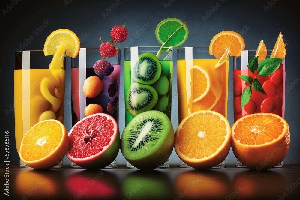 Sticker Multiple fruit juices and citrus fruits a narrowing of attention focus. Generative AI