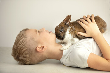 A little smiling boy lies with the little rabbit above and hugs him