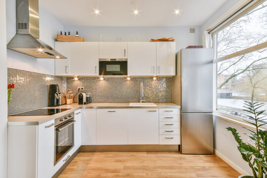 Modern kitchen interior with built in appliances