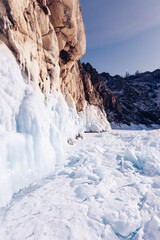 Fototapeta na wymiar Sunny day winter landscape ice of Lake Baikal Siberian